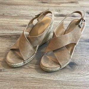 Kohls Apt.9 Tan Suede Cross-Band Wedge Sandals